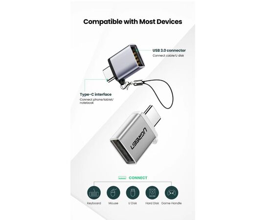  Адаптер переходник UGreen US270 (50283) Type C to USB 3.0 A Adapter Cable with Lanyard серый космос 