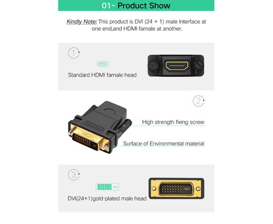  Адаптер UGreen 20124 DVI 24+1 Male to HDMI Female черный 