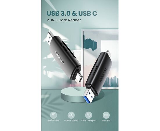  Картридер UGREEN CM304 80191 Multifunction USB-C +USB TF/SD 3.0 Card Reader Black 