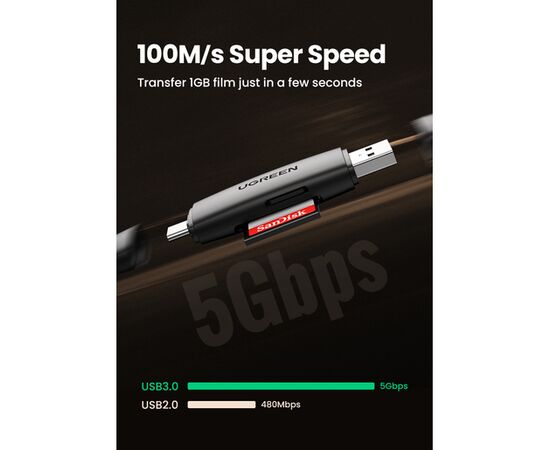  Картридер UGREEN CM304 80191 Multifunction USB-C +USB TF/SD 3.0 Card Reader Black 