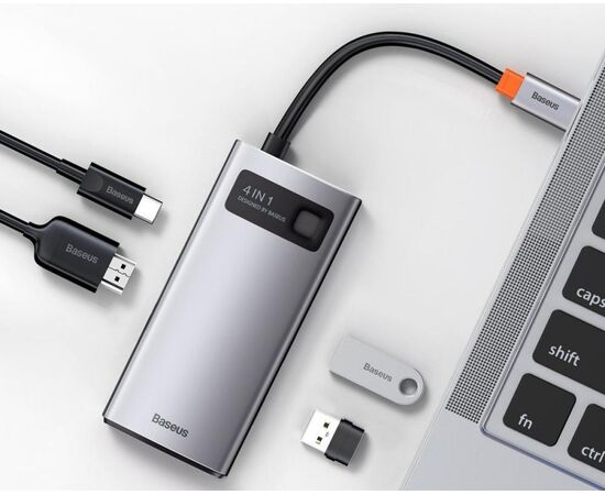  Адаптер Baseus Metal Gleam Series 4-in-1 Multifunctional Type-C HUB Docking Station Gray（Type-C to HDMI*1+USB3.0*1+USB2.0*1+PD*1） 