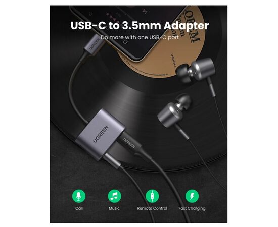  Адаптер UGreen CM231 (60164) USB-C to 3.5mm Audio Adapter with PD серый 