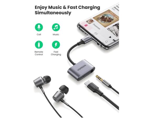  Адаптер UGreen CM231 (60164) USB-C to 3.5mm Audio Adapter with PD серый 
