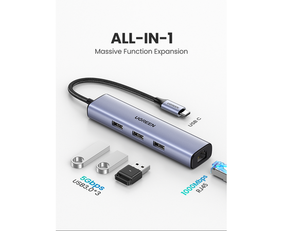  USB Hub UGREEN CM475 60600 Type C to 3*USB 3.0 + RJ45 gigabit Converter without power port 