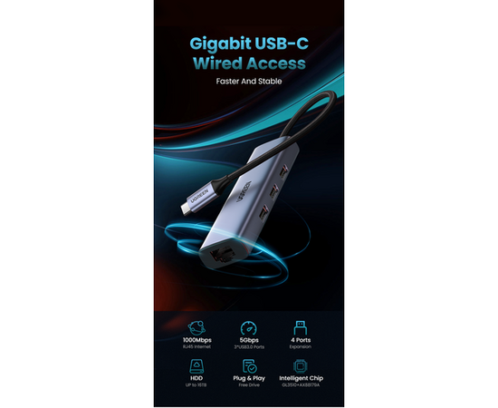 USB Hub UGREEN CM475 60600 Type C to 3*USB 3.0 + RJ45 gigabit Converter without power port 