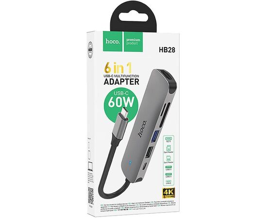 Адаптер HOCO HB28 Type-C multi-function converter(HDTV+USB3.0+USB2.0+SD+TF+PD) (серый) 