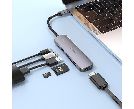  Адаптер HOCO HB28 Type-C multi-function converter(HDTV+USB3.0+USB2.0+SD+TF+PD) (серый) 