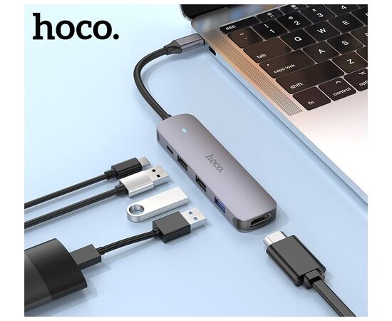  Адаптер HOCO HB27 Type-C multi-function converter(HDTV+USB3.0+USB2.0*2+PD) (серый) 