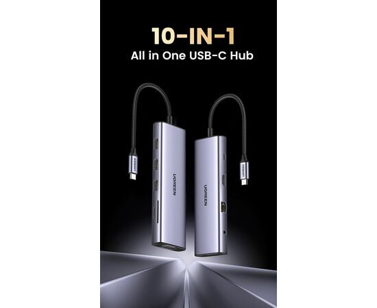  Конвертер UGREEN CM498 15601 USB-C To 3*USB 3.0 A+HDMI+VGA+RJ45 Gigabit+SD/TF+AUX3.5mm+PD Converter Gray 