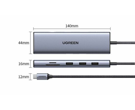  Конвертер UGREEN CM498 15601 USB-C To 3*USB 3.0 A+HDMI+VGA+RJ45 Gigabit+SD/TF+AUX3.5mm+PD Converter Gray 