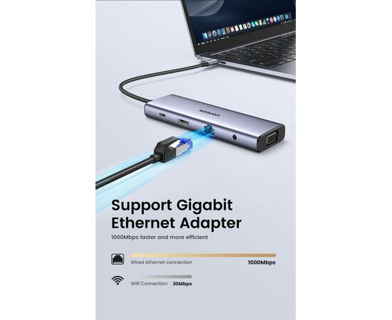  Конвертер UGREEN CM498 15601 USB-C To 3*USB 3.0 A+HDMI+VGA+RJ45 Gigabit+SD/TF+AUX3.5mm+PD Converter Gray 