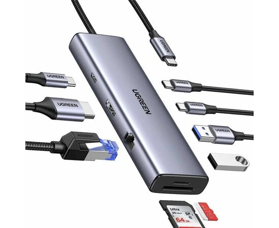  Конвертер UGREEN CM498 15601 USB-C To 3*USB 3.0 A+HDMI+VGA+RJ45 Gigabit+SD/TF+AUX3.5mm+PD Converter Gray 