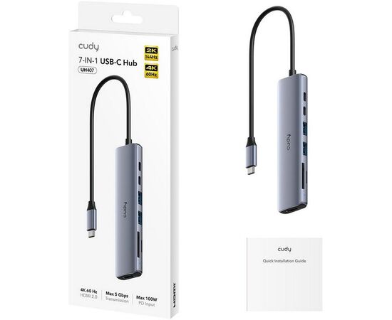  Концентратор Cudy UH407 USB-C 7 в 1 с поддержкой HDMI 4K и слотами для карт памяти SD и TF 