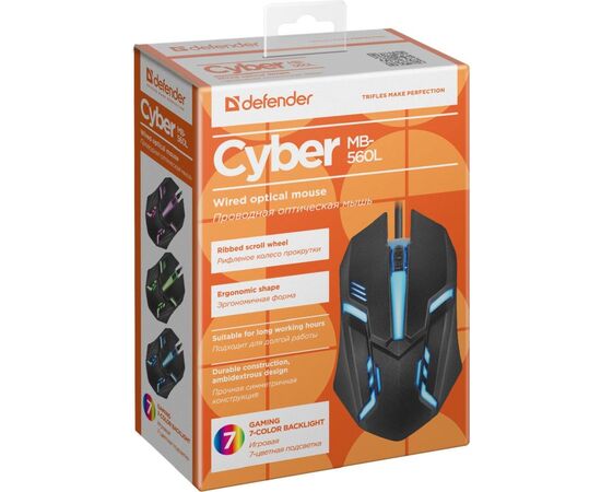  Мышь DEFENDER Сyber MB-560L Black, LED 7 цветов, оптическая, проводная (52560) 